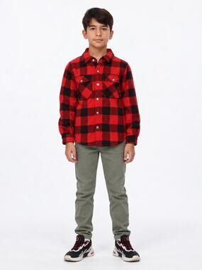 ThCreasa Boys Red And Black Plaid Shirt Jacket Fleece Sherpa Size Medium 7-8